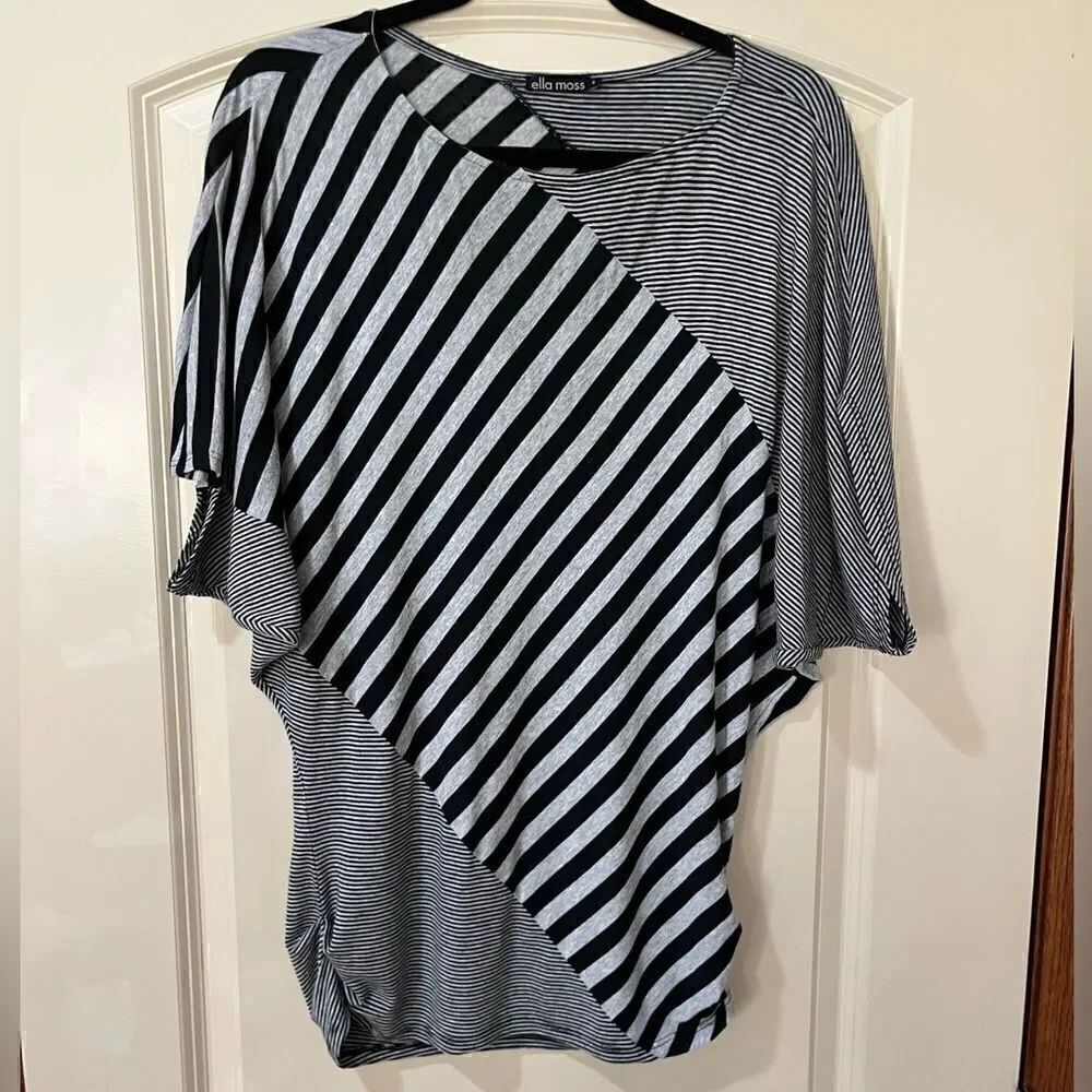 ANTHROPOLOGIE ELLA MOSS Stripe Short Sleeve Tunic Top Black Gray Women’s Small